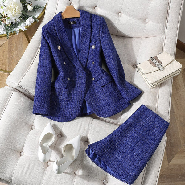 Thick Winter Skirt Suit Women Female Blue Black Two Piece Set for Office Ladies Formal Business Work Wear
