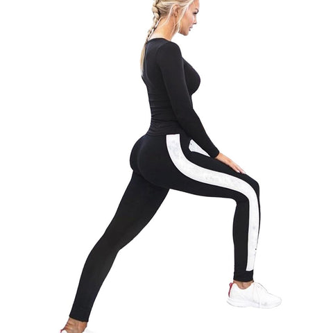 High Quality Fitness women leggings Patchwork Stripe Pants slim splice black long leggings Elastic Workout Slim Trousers