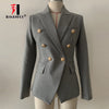 Gray Women's Blazer Jacket Office Lady Gold Double Breasted Buckle Slim Runway Outwear Coat Blazer Women Autumn