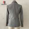 Gray Women's Blazer Jacket Office Lady Gold Double Breasted Buckle Slim Runway Outwear Coat Blazer Women Autumn