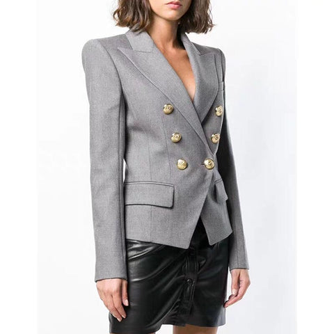Gray Women's Blazer Jacket Office Lady Gold Double Breasted Buckle Slim Runway Outwear Coat Blazer Women Autumn