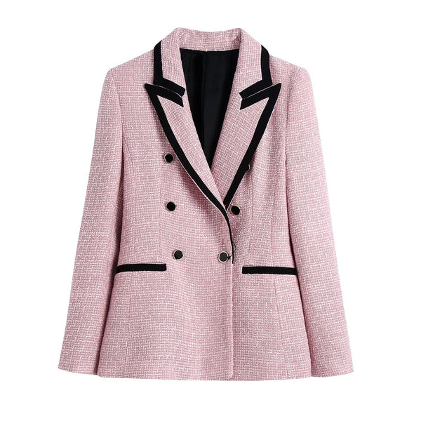 Jacket Women Office Woolen Blazer 2022 Winter Double Breasted Elegant All-match Female Suit Pink