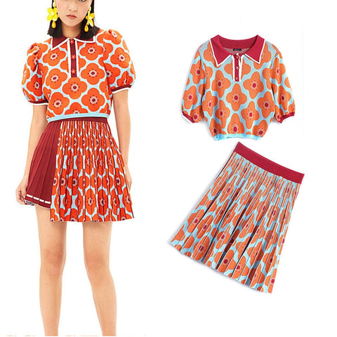 Knitted Women Skirt Suit Summer Designer Daisy Floral Vintage Tops Blouses And Spliced Pleated Skirt TwinSet NS276