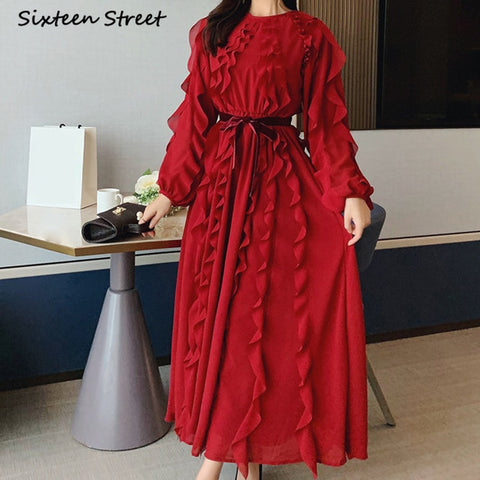 Korean Clothing  Autumn O-neck Long Sleeve Maxi Dresses for Women Chic Design Vintage Y2k Elegant Ladies