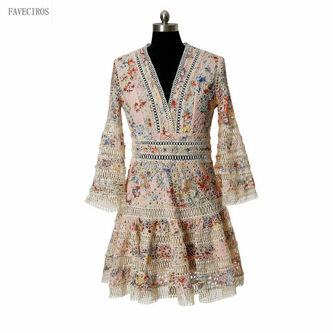 High Quality Luxury Brand New Fashion 2022 Designer Runway Dress Flare Sleeve V-neck Hollow Out Embroidery Dress Elegant Vestido