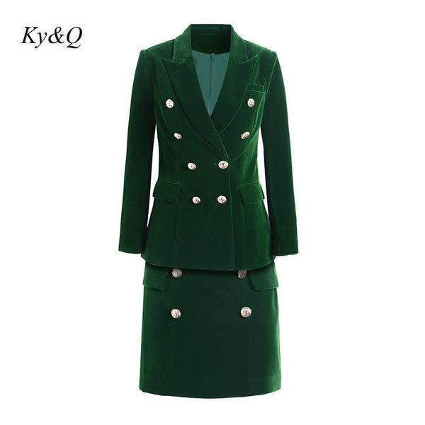 Design Formal Slim Green Velvet Skirts Suits Slim Blazer High waist Mini Skirt Lady Business Work Sets