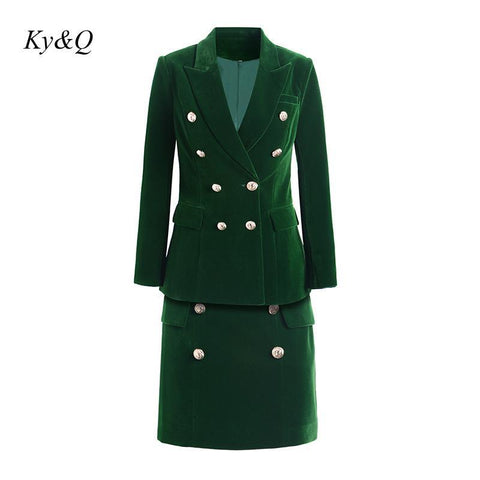 Design Formal Slim Green Velvet Skirts Suits Slim Blazer High waist Mini Skirt Lady Business Work Sets