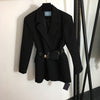 Winter and Autumn Women Triangle Logo Zipper Belt Bag, Single-breasted Lapel Long-sleeved Blazer Jacket
