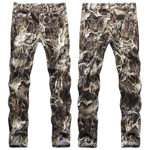 Men’s Slim-fit Stretch Party Jeans, Snake Skin Full Print Decorating Night Club Jeans, Stylish Sexy Street Jeans;