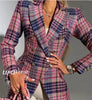 Mid Length Blazer 2023 Autumn Slim Fit Plaid Blazer Classic Lapel Double Breasted Women Elegant Office OL Blazer
