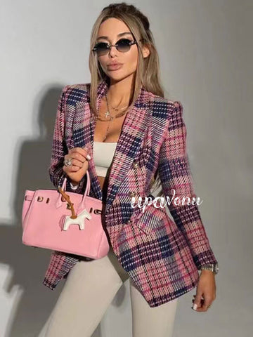 Mid Length Blazer 2023 Autumn Slim Fit Plaid Blazer Classic Lapel Double Breasted Women Elegant Office OL Blazer