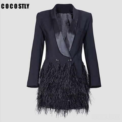 2022 Blazer Women Jacket black Feathers Notched jaqueta feminina Celebrity Runway Jackets Elegant Lady Blazer