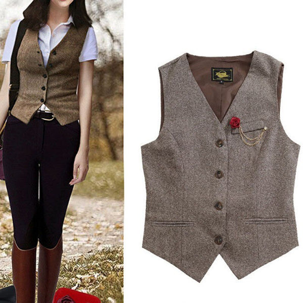 Women Simply Sleeveless Single-breasted Vest Jacket Office Ladies Wear Casual Suit Waistcoat Outwear Tops