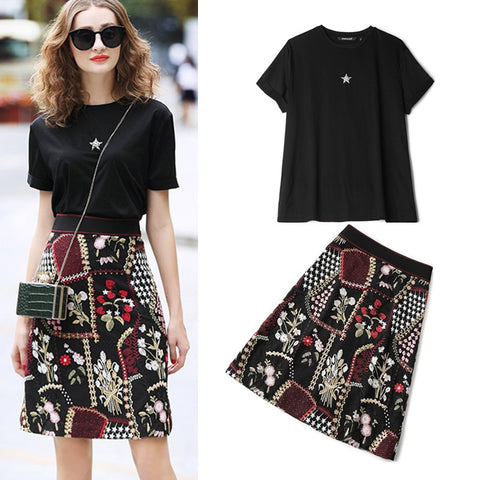 Women's Diamond Beadings Star Tees Tops Blouses Ladies And Black  Floral Embroidery Skirt Suit Set NS996