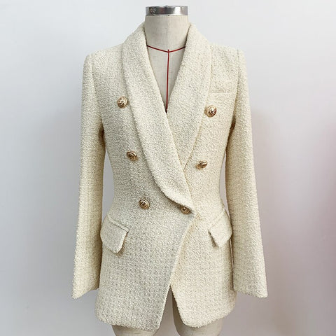 Fall Winter Nice Designer Blazer Women's Double Breasted Lion Buttons Shawl Collar Thick Tweed Jacket