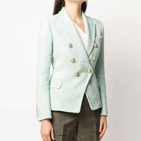 Nice Designer Jacket Women's Classic Metal Lion Buttons Double Breasted Tweed Blazer Mint Green