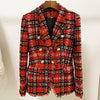Nice Designer Jacket Women's Double Breasted Lion Buttons Shawl Collar Tassel Fringed Plaid Tweed Blazer