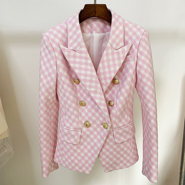 Nice Designer Jacket Women's Slim Fit Lion Buttons Double Breasted Classic Plaid Tweed Blazer
