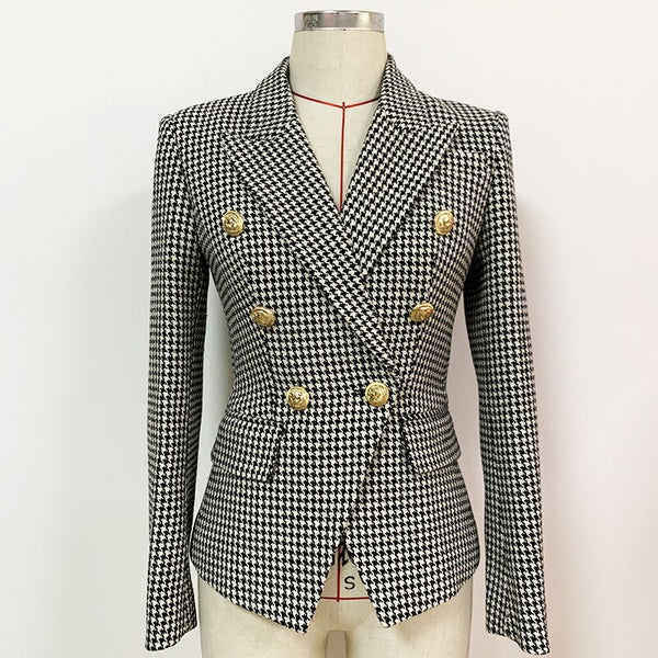 Nice Designer Jacket Women's Slim Fit Lion Buttons Double Breasted Tweed Houndstooth Blazer