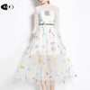 Party Dinner Woman Dresses Sexy Elegant Patchwork Mesh Flare Sleeve Slim French Embroidery Black White Long Dress