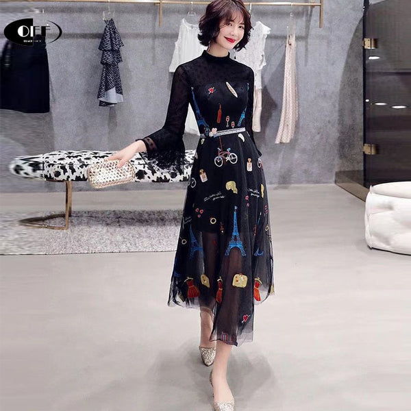 Party Dinner Woman Dresses Sexy Elegant Patchwork Mesh Flare Sleeve Slim French Embroidery Black White Long Dress