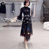Party Dinner Woman Dresses Sexy Elegant Patchwork Mesh Flare Sleeve Slim French Embroidery Black White Long Dress