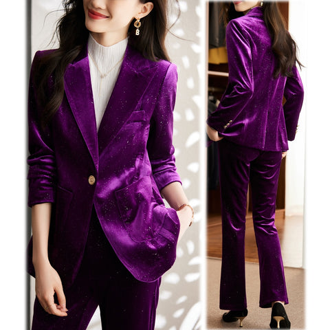 Shiny  Velvet Autumn Winter Formal Blazer Women Business Suits with Sets Work Wear Office Uniform Pants Jacket