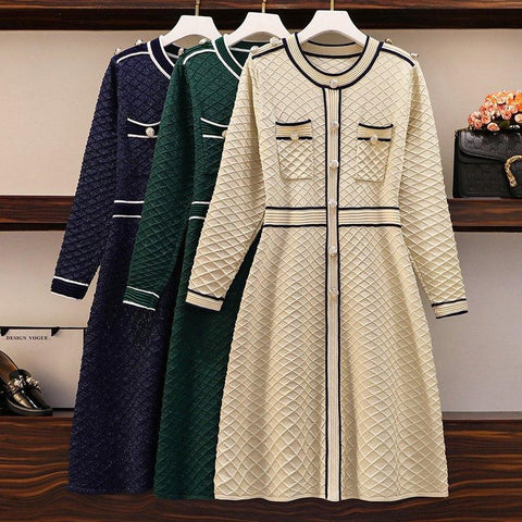 Spring Fall Korean Knitted Sweater Dress Women Slim Button Bright Shinny Vintage Party Christmas Dress Robe