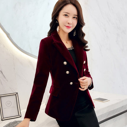 High Quality Spring and Autumn woman new Slim gold velvet small suit jacket female leisure blazer Double-breasted suit