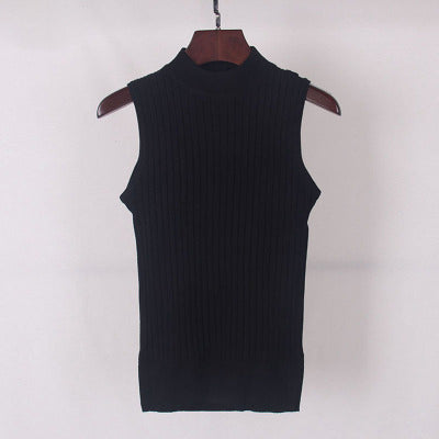 High Quality Summer Autumn Women Mock Neck Top Turtleneck Sleeveless T-shirt Slim Knitted Vest Female Tee Knitwear WS-088