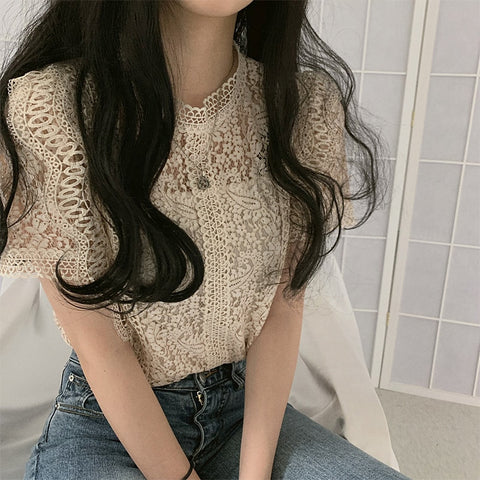 Summer Elegant White Lace Blouse Shirt Women Short Sleeve Sexy Streetwear Hollow Out Embroidery Blouses Autumn Tops