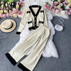 Temperament Knitted Suit Women Elegant Knitted Jacket V-Neck Cardigan + Two-Piece High Waist Wide Leg Pants Women