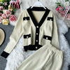 Temperament Knitted Suit Women Elegant Knitted Jacket V-Neck Cardigan + Two-Piece High Waist Wide Leg Pants Women