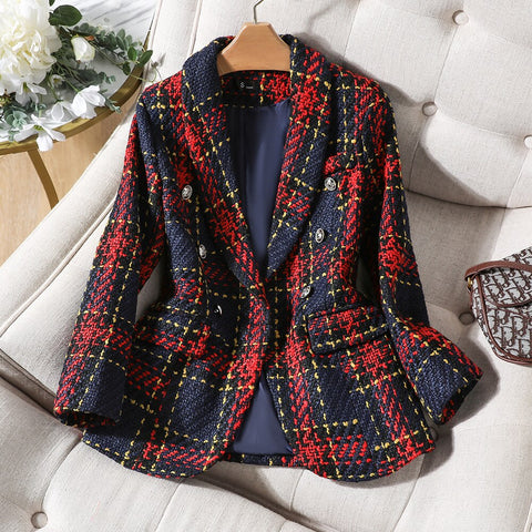 Thick Winter Blazer Women Ladies Red Blue Plaid Coat Female Slim Casual Single Breasted Jacket