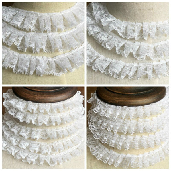 White Sequence Lace Fabric Pleated Elastic Lace Ribbon Toy Dolls Clothing Collar Dress Trim DIY Sewing Guipure P034