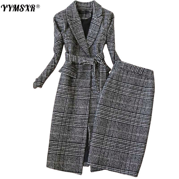 Winter Women's Suits Skirt Set 2022 Temperament Slim Wool Long Ladies Coat Jacket Slim Skirt Two-piece