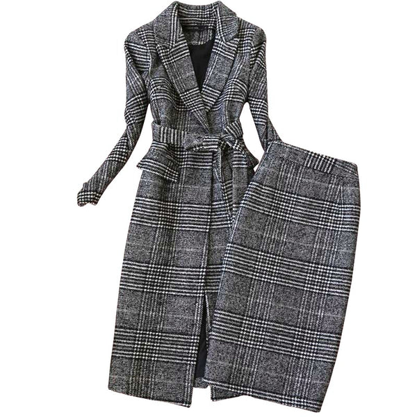 Winter Women's Suits Skirt Set 2022 Temperament Slim Wool Long Ladies Coat Jacket Slim Skirt Two-piece