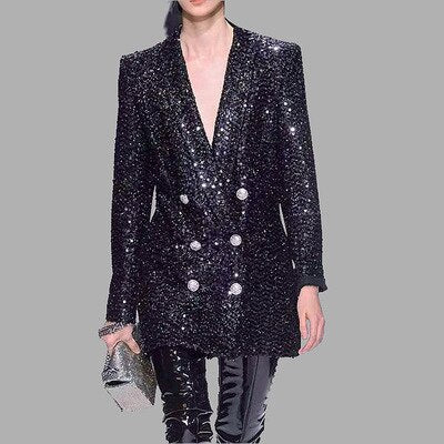 Women Coat 2023 Runway Sequined Blazer Notched Long Sleeve Double Breasted Long Black Blazer Outerwear