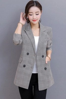 High Quality Women Gray Plaid Office Lady Blazer Jacket Fashion Notched Collar Work Suit Elegant Work Blazers Feminino