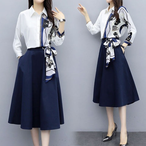 Women Long Sleeve Spliced Blouses Vintage Floral Printed Shirts And Skirts Clothing Set Spring 2PCS Suit NS424