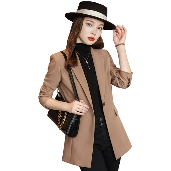 Women Notched Collar Formal Blazer Ladies  Fall Winter Black Khaki Single Button Slim Work Jacket Coat