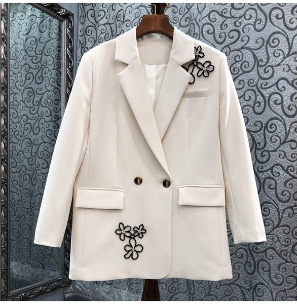 Women's Blazer Coats 2023 Autumn Winter Outerwear Ladies Notched Collar Hand Made Beading Long Sleeve Coat Female