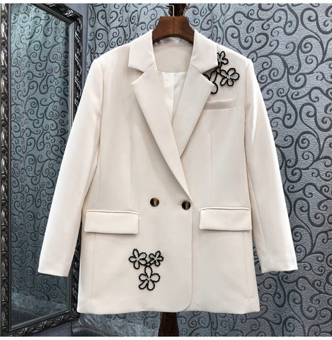 Women's Blazer Coats 2023 Autumn Winter Outerwear Ladies Notched Collar Hand Made Beading Long Sleeve Coat Female