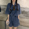 Women's Denim Shorts Suit 2022 Summer Korean Casual Retro Loose Jacket Wide Leg Shorts Two Piece Set