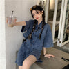 Women's Denim Shorts Suit 2022 Summer Korean Casual Retro Loose Jacket Wide Leg Shorts Two Piece Set