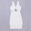High Quality Women's Elastic Knitted White HL Deep-V Sleeveless Sequined Tassel Bandage Dress Celebrity Sexy Party Dress