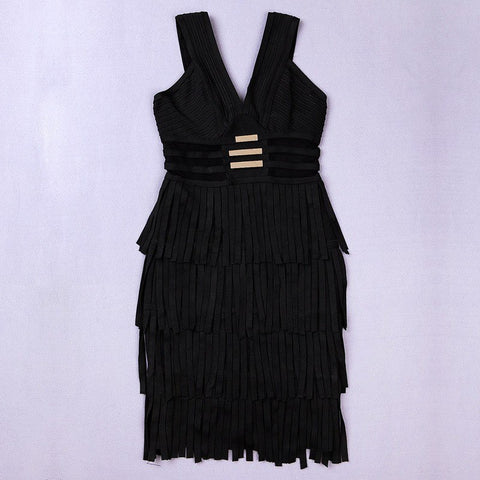 High Quality Women's Elastic Knitted White HL Deep-V Sleeveless Sequined Tassel Bandage Dress Celebrity Sexy Party Dress