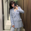 Women's Office Suit 2022 Spring and Autumn Plaid Blue Elegant Long Sleeve Jacket Loose Long Blazer Coat