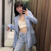Women's Office Suit 2022 Spring and Autumn Plaid Blue Elegant Long Sleeve Jacket Loose Long Blazer Coat