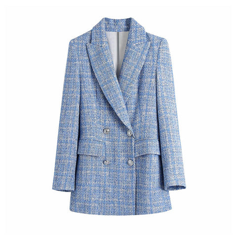 Women's Office Suit 2022 Spring and Autumn Plaid Blue Elegant Long Sleeve Jacket Loose Long Blazer Coat